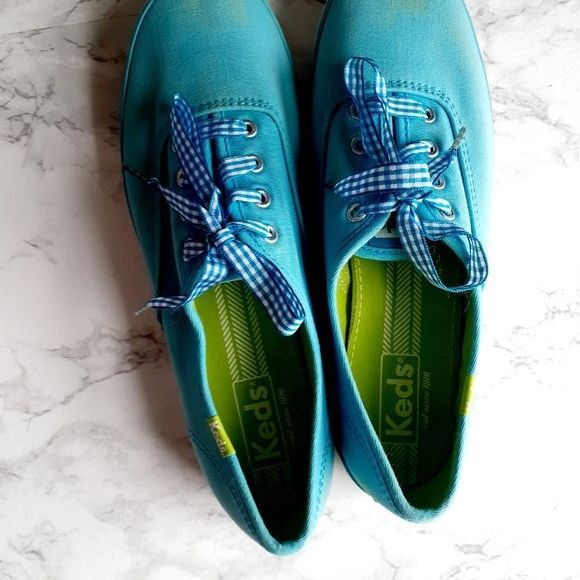 Keds Aqua Blue  Ladies Gingham Laces Canvas Low Top Sneaker Shoes Size 7.5 - Picture 5 of 14